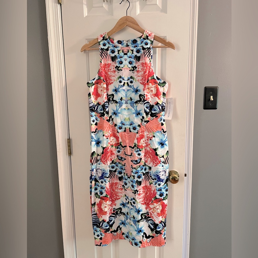 Muggy London Blue and Pink Floral Bodycon Midi Dress, Size 10